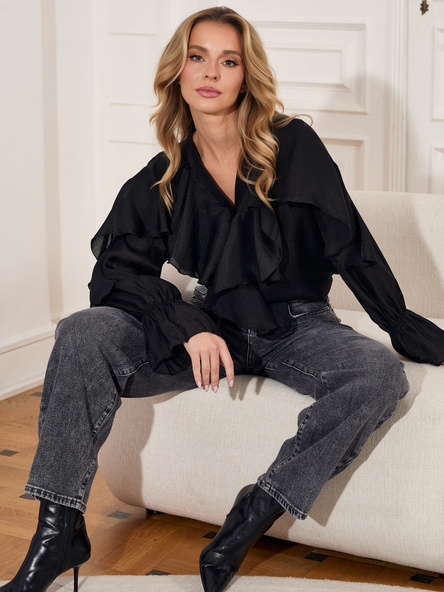 Czarna elegancka koszula damska z falbankami przy rękawach RUE PARIS