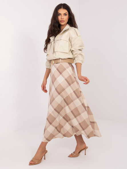 Beżowa rozkloszowana spódnica w kratę