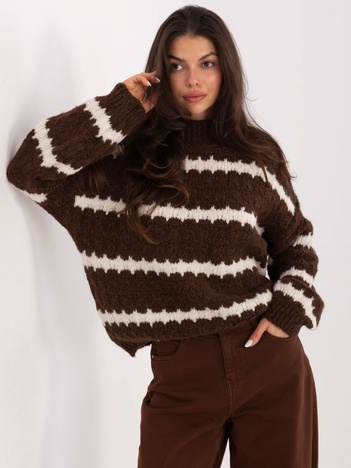 Brązowo-ecru damski sweter oversize z półgolfem