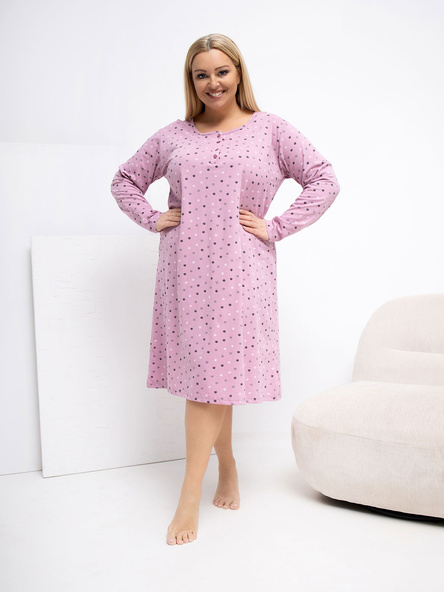 Brudnoróżowa nocna koszula damska plus size w kropki z bawełny