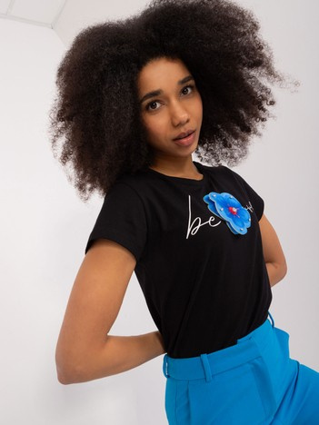 Czarny damski t-shirt z kwiatem BASIC FEEL GOOD