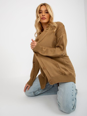 Camelowy luźny sweter rozpinany z dziurami RUE PARIS