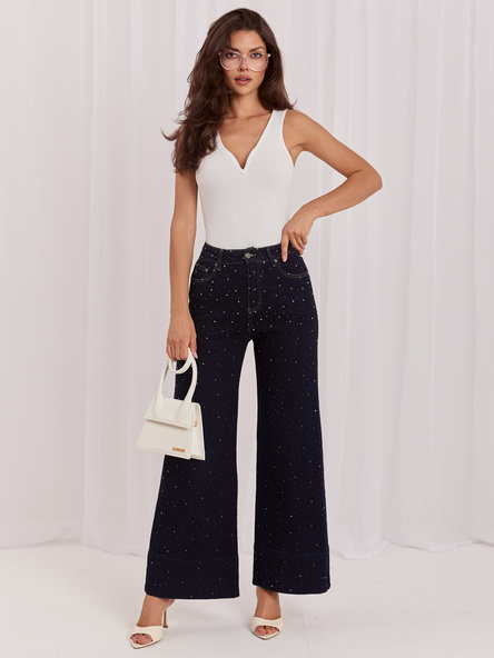 Granatowe jeansy wide leg z wysokim stanem