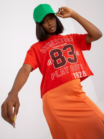 Czerwony krótki t-shirt bawełniany z nadrukiem