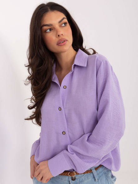 Gładka liliowa klasyczna koszula damska z dłuższym tyłem