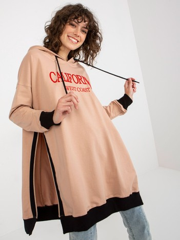 Beżowa długa bluza oversize z kapturem i rozcięciami