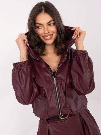 Burgundowa skórzana kurtka z kieszeniami RUE PARIS