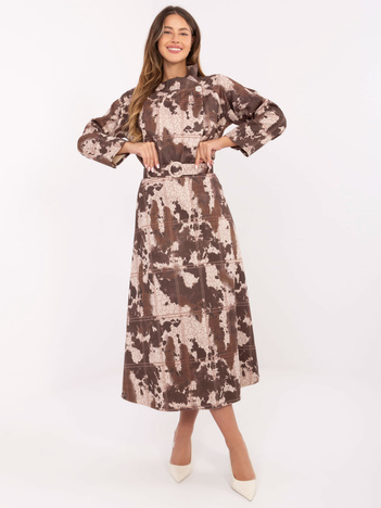 Khaki-jasnobeżowa rozkloszowana spódnica z paskiem