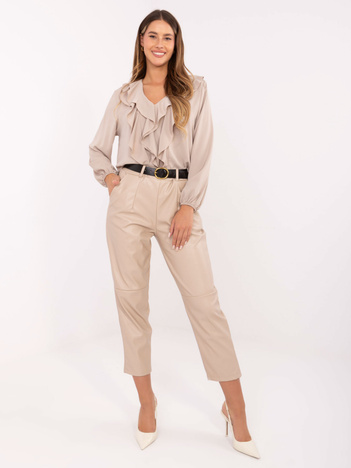 Beżowe skórzane spodnie z paskiem RUE PARIS