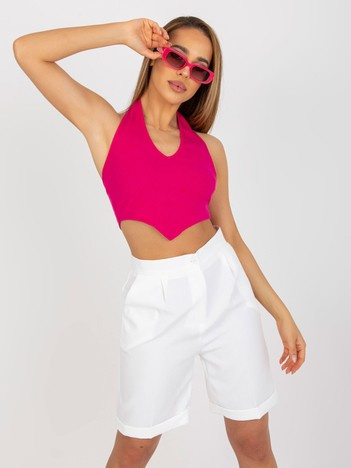 Fuksjowy dopasowany crop top basic w prążki RUE PARIS