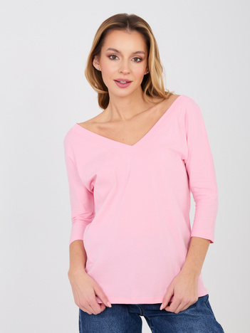 Pastelowa różowa bluzka basic z dekoltem V RUE PARIS