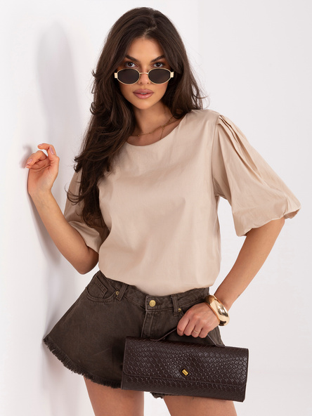 Beżowa bawełniana bluzka z okrągłym dekoltem