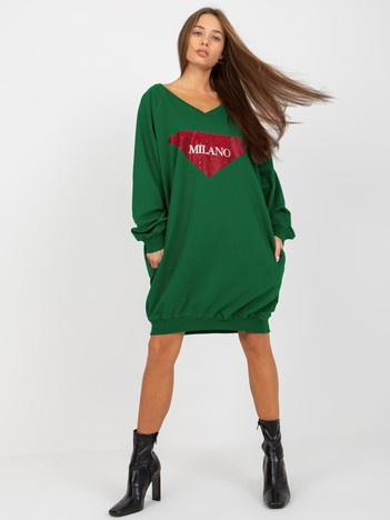 Ciemnozielona długa bluza oversize z błyszczącą aplikacją