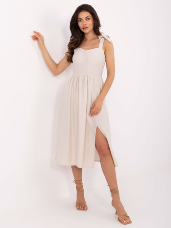 Beżowa rozkloszowana sukienka z rozcięciem