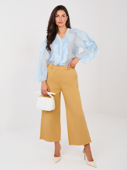 Camelowe jeansy wide leg bez zapięcia