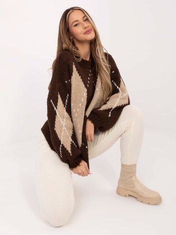 Brązowo-beżowy damski sweter oversize z wełną