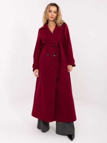 Bordowy długi płaszcz z zapięciem na guziki