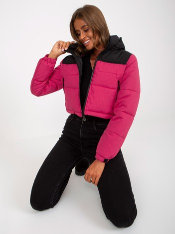 Czarno-czerwona krótka kurtka zimowa z kapturem