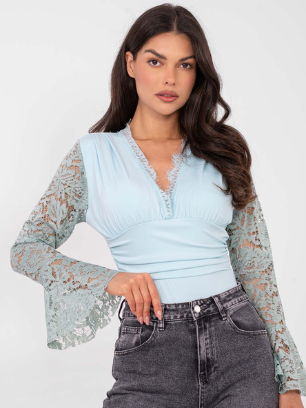 Miętowe damskie body z rękawem typu dzwon