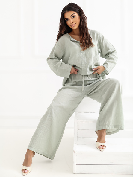 Khaki bawełniane spodnie z szeroką nogawką