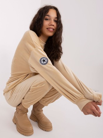 Beżowy komplet welurowy z bluzą bez kaptura