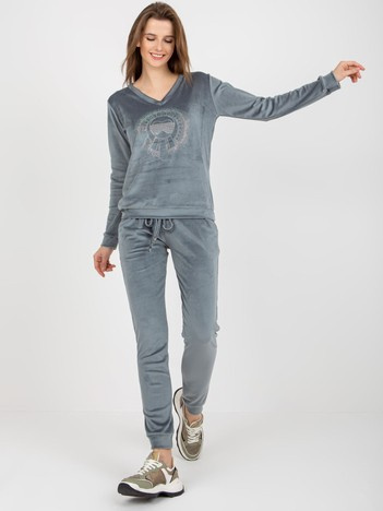 Brudnoniebieski damski komplet welurowy z dekoltem V