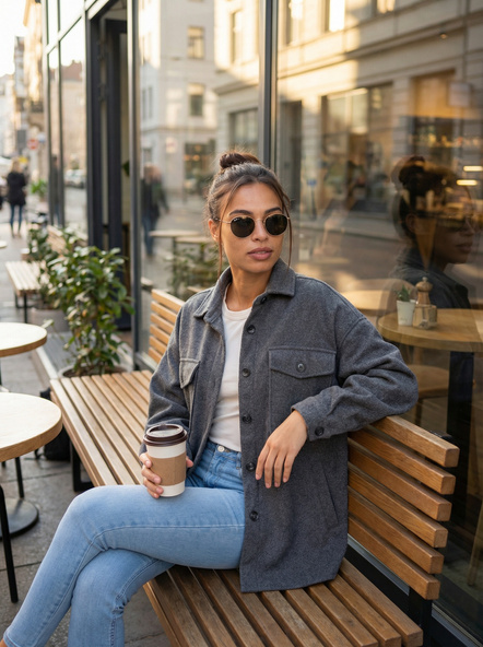 Ciemnoszara ciepła koszula damska z kieszeniami i kołnierzykiem