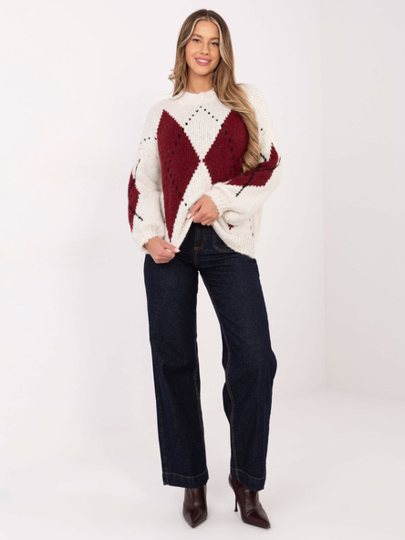 Ecru-bordowy sweter oversize w romby