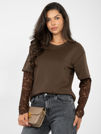 Czekoladowa bluzka z koronkowymi rękawami