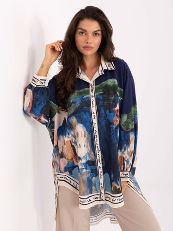 Granatowa rozpinana koszula z nadrukiem RUE PARIS