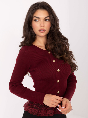 Bordowy damski sweter z falbanami na dole
