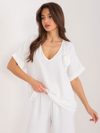 Ecru casualowa bluzka oversize z kwiatem
