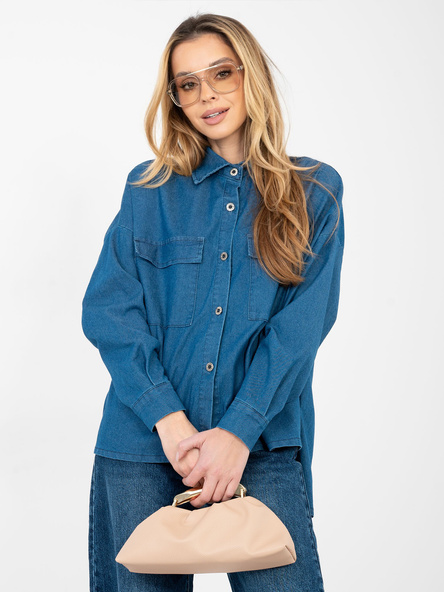 Niebieska casualowa gładka koszula damska z kieszeniami