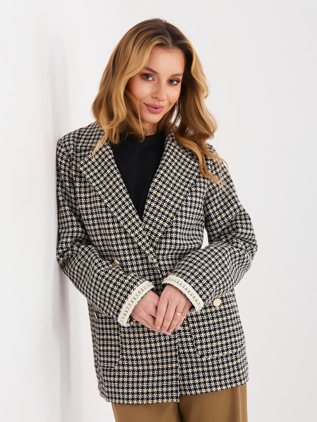 Czarno-żółta tweedowa marynarka z perełkami