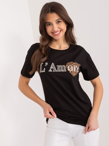 Czarny damski t-shirt z ozdobnym napisem
