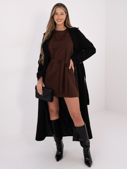 Brązowa prosta sukienka z koronkowymi rękawami