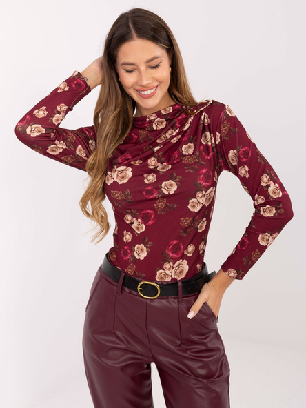 Burgundowa dopasowana bluzka z marszczeniem RUE PARIS
