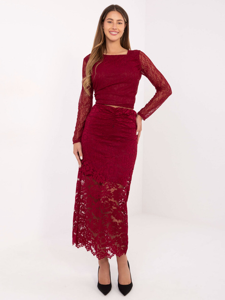 Bordowa midi spódnica z koronki