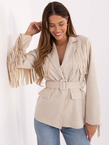 Jasnobeżowa zamszowa marynarka z frędzlami RUE PARIS