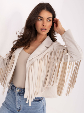 Jasnobeżowa zamszowa kurtka z frędzlami RUE PARIS