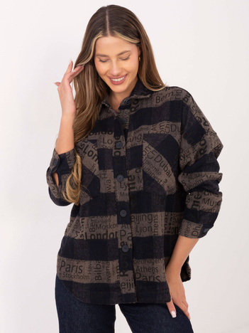 Granatowo-ciemnoszara wierzchnia koszula w kratę z napisami