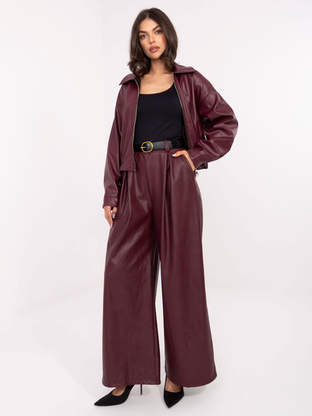 Burgundowe skórzane spodnie z kieszeniami RUE PARIS