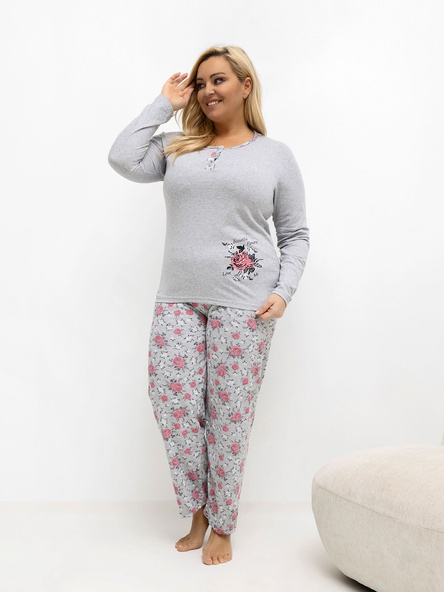 Szara piżama plus size z nadrukiem w różę