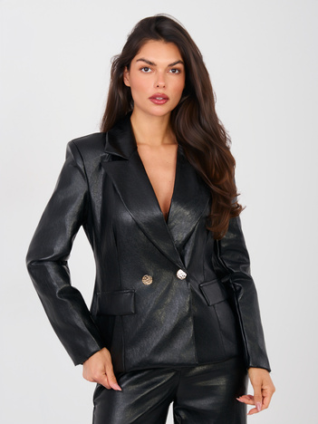 Czarna taliowania marynarka z ekoskóry