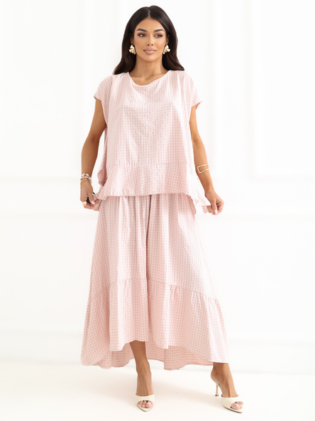 Jasnoróżowa rozkloszowana spódnica w kratkę