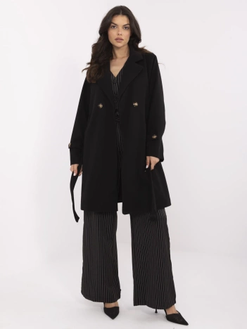 Czarny damski płaszcz z wiązanym paskiem