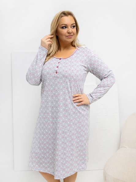 Szara damska koszula nocna plus size w serduszka z guzikami