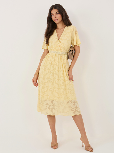 Jasnożółta rozkloszowana sukienka z krótkim rękawem