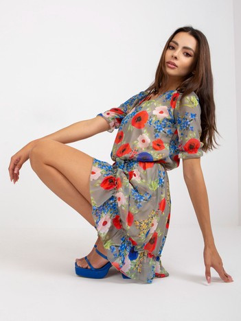 Khaki sukienka mini w kwiaty z krótkim rękawem Blake