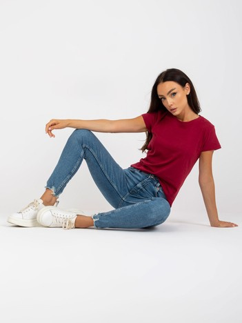 Bordowy t-shirt basic z krótkim rękawem